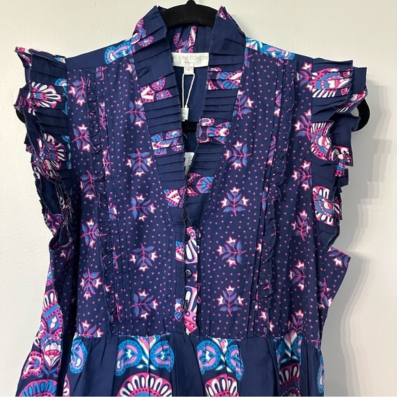 Caroline Constas Women’s Navy Blue Ruffle Sleeve Half Moon Print Dress Sz S NWT - Picture 3 of 12